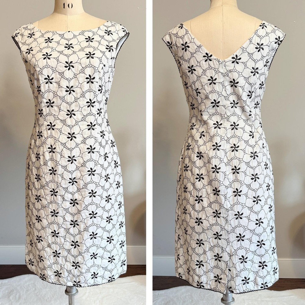 Talbots Linen Sheath Dress White Navy Floral Embroidered Sleeveless Midi 4